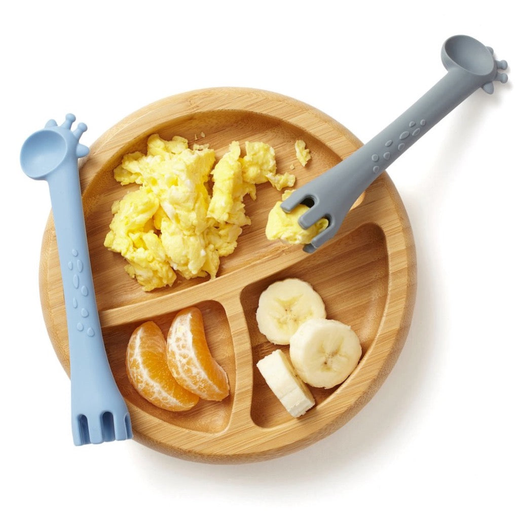 Giraffe Fork + Spoon Set (Grey/Blue) - Rocky and Jules