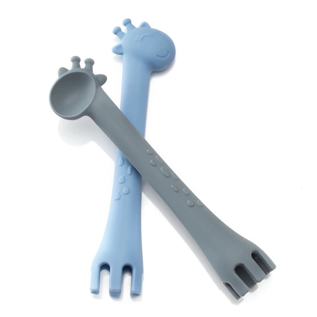 Giraffe Fork + Spoon Set (Grey/Blue) - Rocky and Jules
