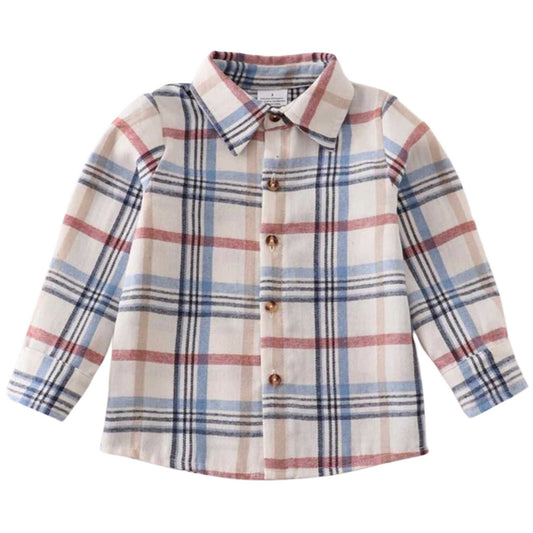 Plaid Button Down Shirt - Blue/Beige