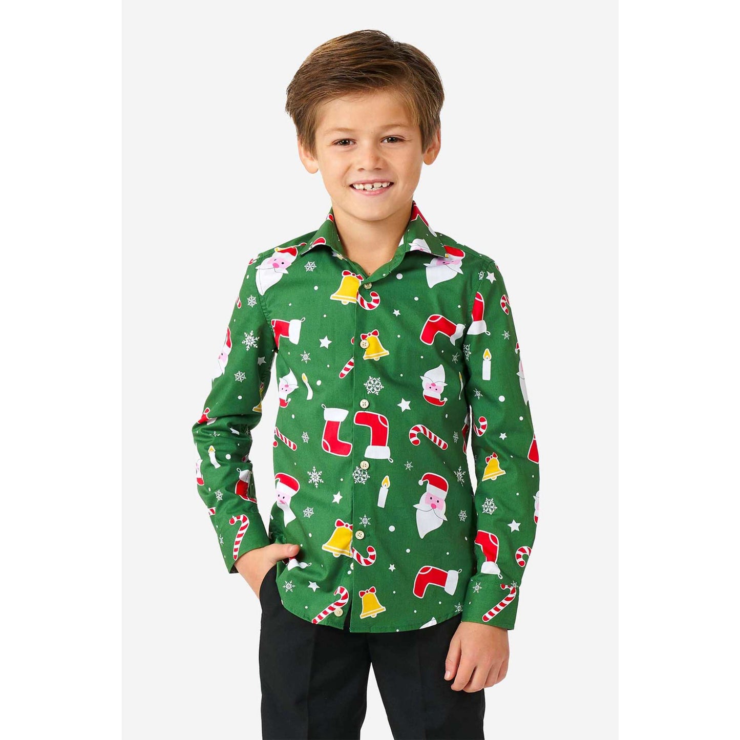 Long Sleeve Button Down - Green Santa