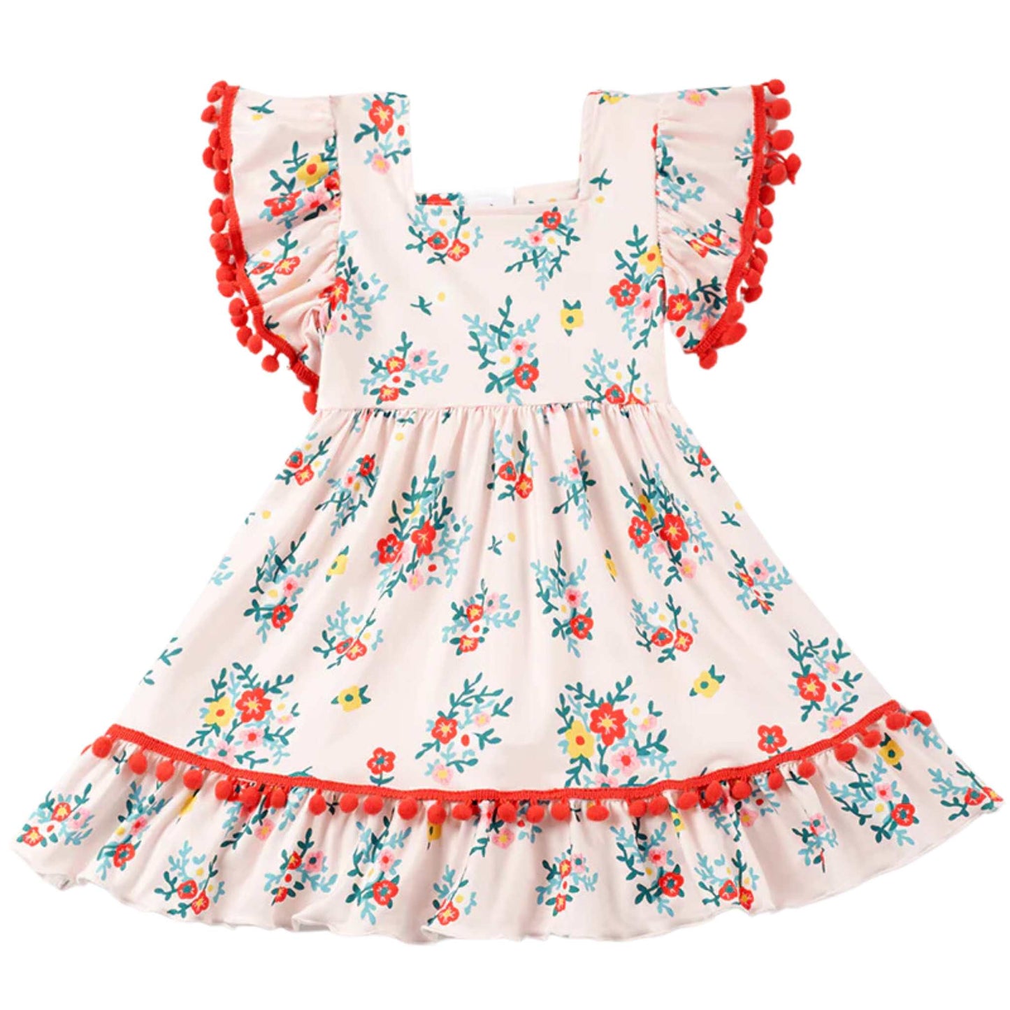 Floral Pom Pom Ruffle Dress