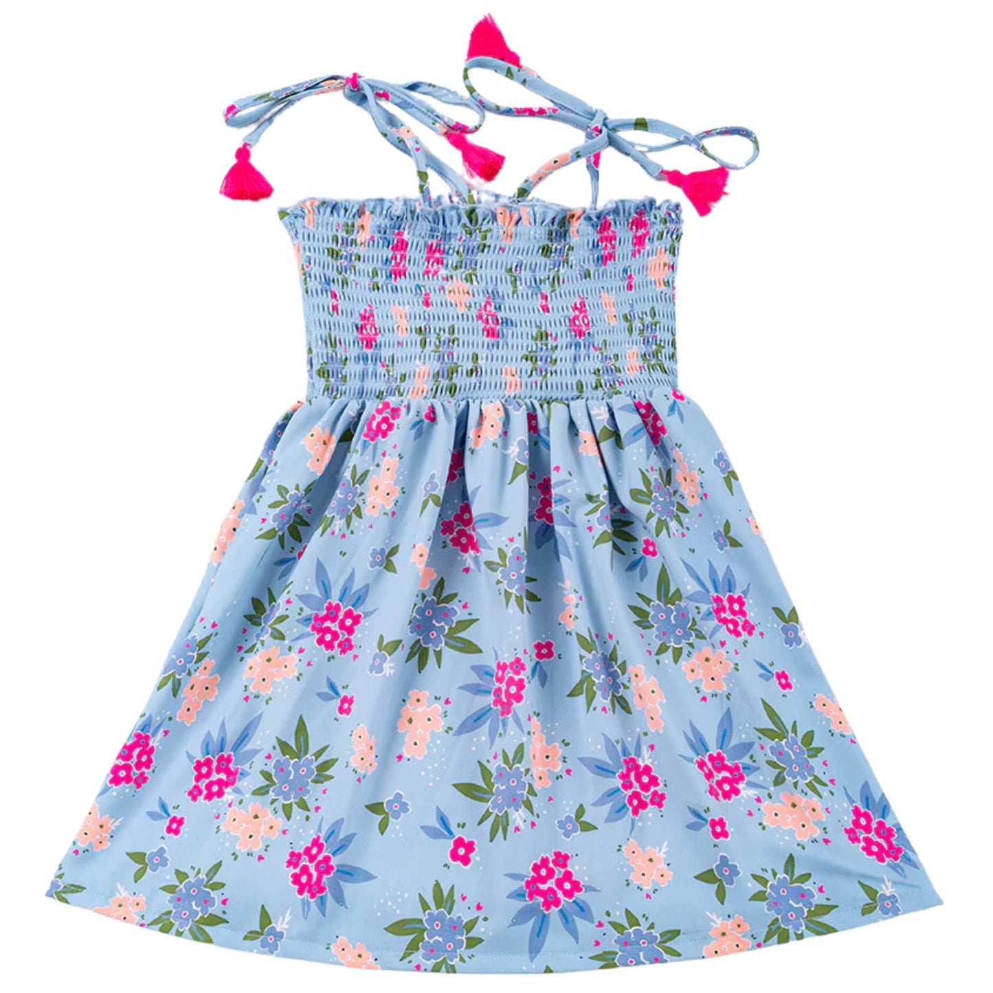 Blue Floral Shoulder Tie Smocked Dress