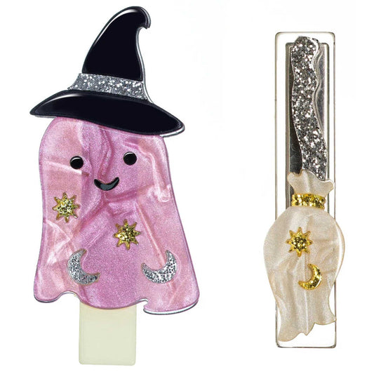 Pink Ghost and Broom Hair Clip Set