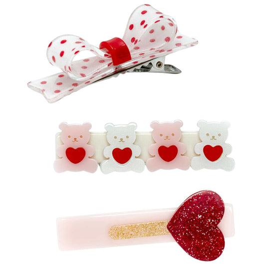 Bears Heart Lollipop and Bow Hair Clip Set