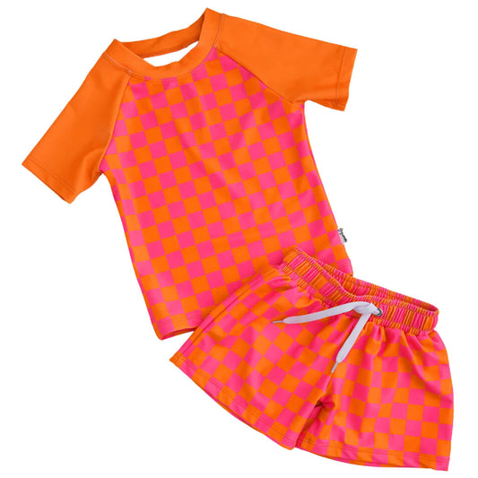 Rash Guard Swim Set - Checkered Orange