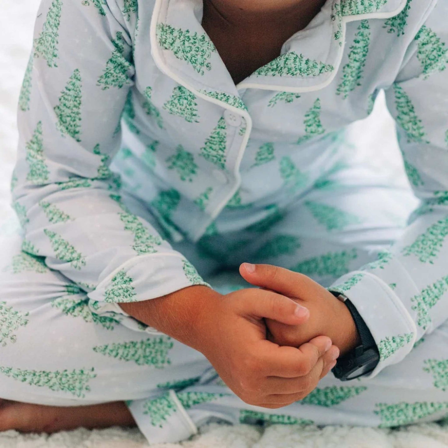 Blue Christmas Tree Button Down PJs